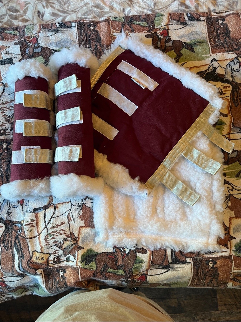 Burgundy and Grey Faux-Shearling Horse leg Wrap Set